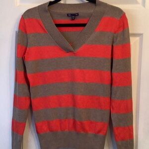 GAP Tan and Orange V-Neck Sweater with Bold Stripes